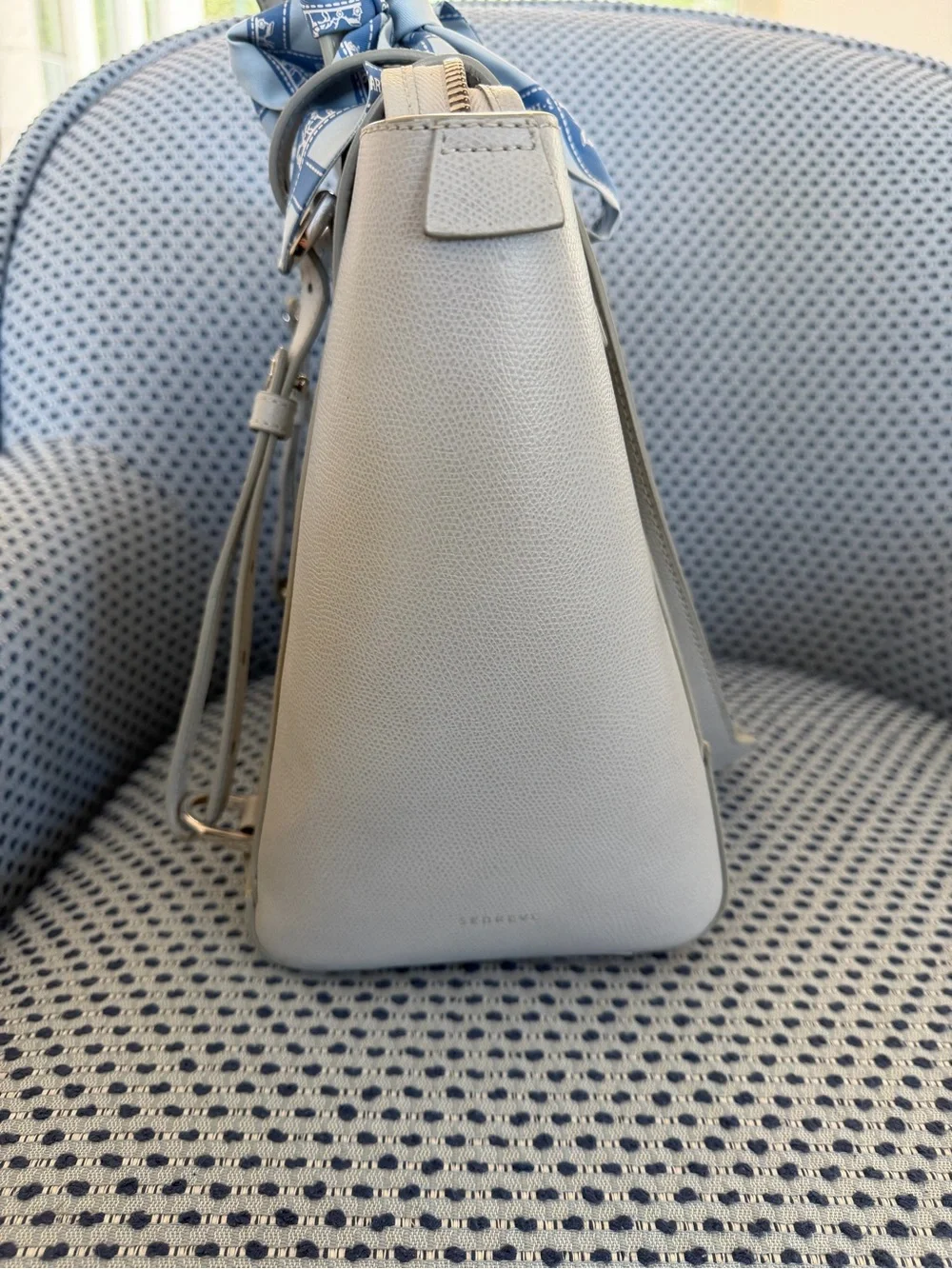 Senreve Pebbled Leather Tote in Light Gray with Blue Scarf
